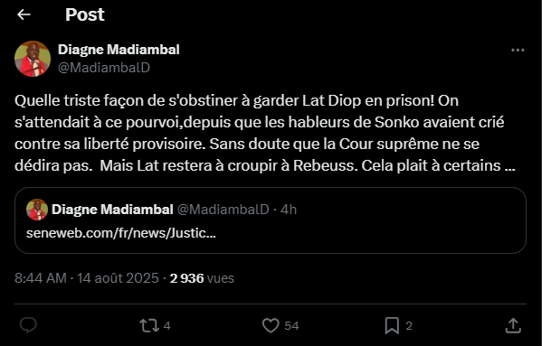Madiambal Diagne : "Quelle triste façon de s'obstiner à garder Lat Diop en prison"
