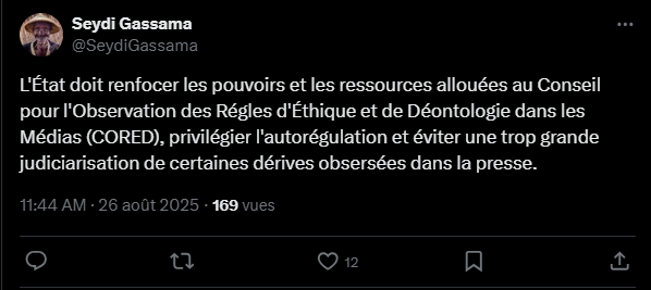 Médias : Seydi Gassama invite l'Etat à renforcer les pouvoirs et les ressources allouées au Cored