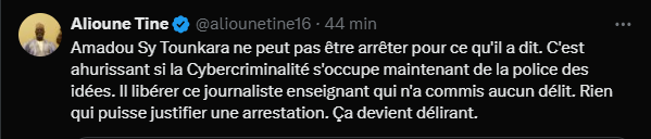 Alioune Tine défend Tounkara : "Il ne peut pas être arrêté pour ce qu'il a dit..."