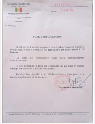 UCAD : Fermeture du campus social à compter du dimanche 10 août 2025
