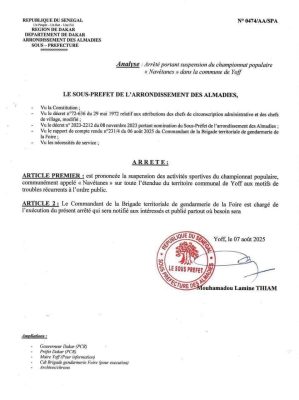 Yoff : Arrêté portant suspension du championnat populaire « Navétanes »