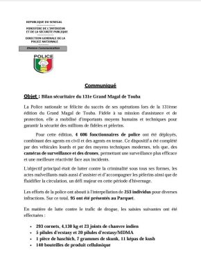 Grand Magal de Touba : 253 individus interpellés pour diverses infractions, 95 présentés au Parquet