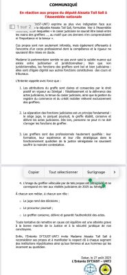Casier judiciaire : L’Entente SYTJUST – UNTJ dénonce les propos d’Aïssata Tall Sall à l’hémicycle