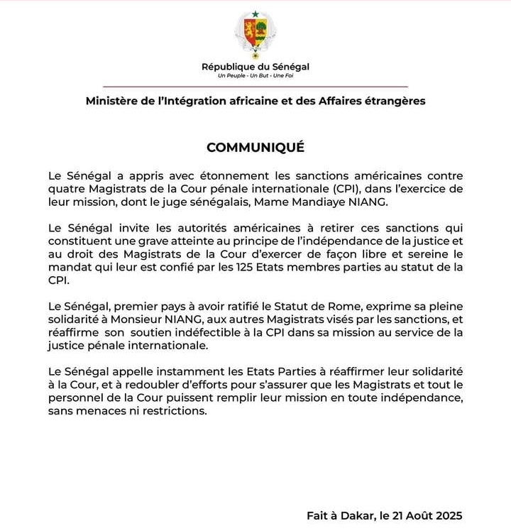 Juge Sénégalais sanctionné à la CPI : Le Sénégal appelle les autorités américaines à retirer ces sanctions... (Communiqué)