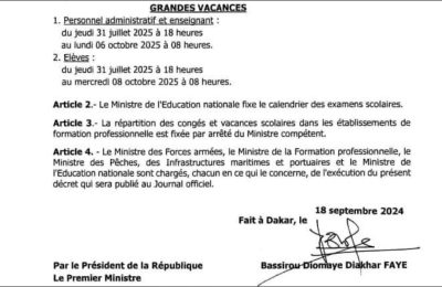Année 2025-2026 : La rentrée des classes est fixée le 06 octobre pour les enseignants et le 08 octobre pour les élèves