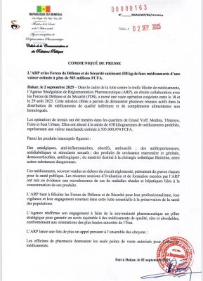 Sénégal : 438 kg de faux médicaments d'une valeur estimée à plus de 503 millions FCFA saisis