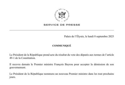 France : Le Président Macron va nommer un nouveau Premier ministre après le renversement de son gouvernement