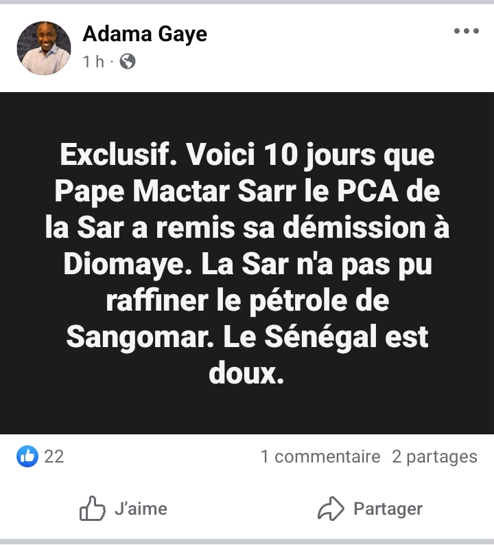 Adama Gaye lâche une exclusivité : "Voici 10 jours que le PCA de la Sar a remis sa démission à Diomaye"