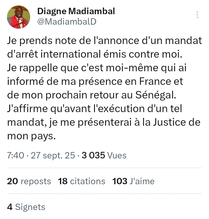 Madiambal Diagne : "Je me présenterai à la Justice de mon pays avant l'exécution du mandat d'arrêt"