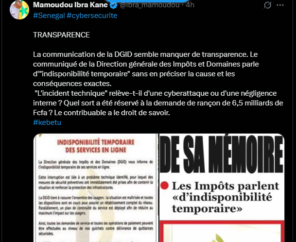 Affaire de la cyberattaque : La communication de la DGID semble manquer de transparence, selon Mamoudou Ibra Kane