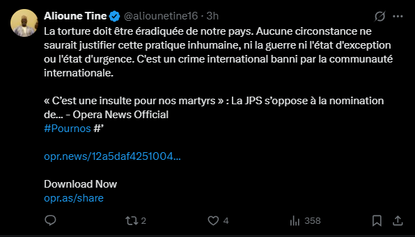 Alioune Tine dénonce la torture : "Elle doit être éradiquée, aucune circonstance ne saurait justifier cette pratique inhumaine..."