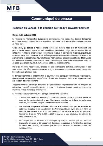 Moody's abaisse encore la note du Sénégal : le ministère des Finances réplique et précise