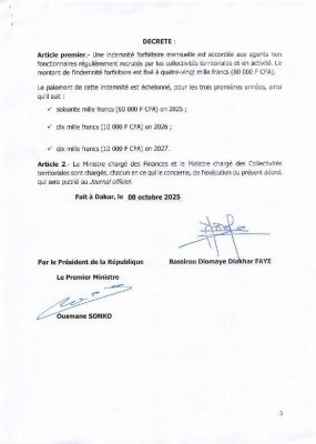 Agents non fonctionnaires des collectivités territoriales : Le PR Diomaye Faye fixe le montant des indemnités forfaitaires