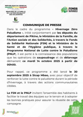 Hivernage Zéro Paludisme : Démarrage des opérations de délarvage et de saupoudrage à Pikine, ce 14 octobre