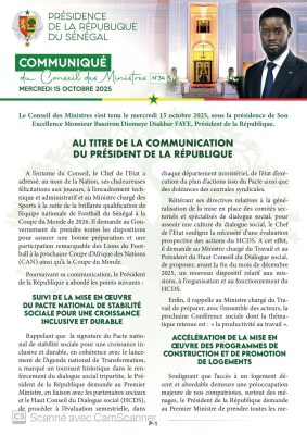 Communiqué du conseil des ministres du mercredi 15 Octobre 2025
