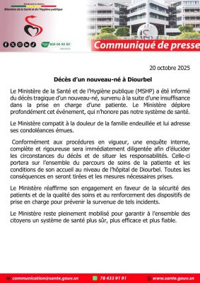 Décès d'un nouveau-né à Diourbel : Le ministère de la Santé déplore profondément cet événement