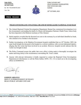 Décès Cheikh Touré : La police régionale d’Ashanti (Ghana) livre les premiers éléments de l’enquête