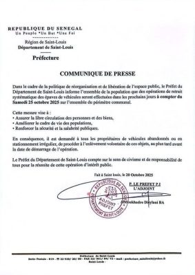 Saint-Louis : Le Préfet informe le début des opérations de retrait des épaves de véhicules, samedi prochain