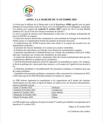 Sénégal : Le FDR organise une marche pacifique, le vendredi 31 octobre 2025
