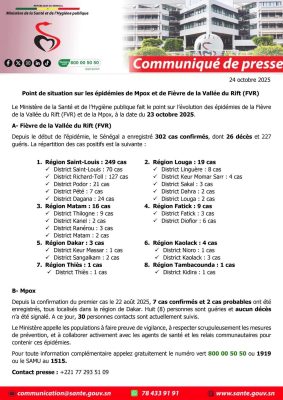 Fièvre de la Vallée du Rift : Premiers cas à Thiès et Tambacounda, 26 décès enregistrés, ce 23 octobre