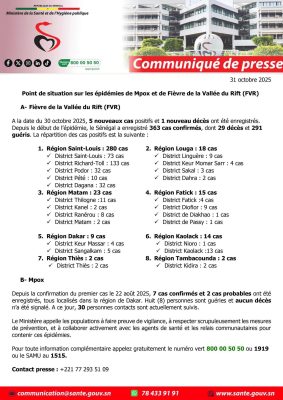 Fièvre de la Vallée du Rift (FVR) : 05 nouveaux cas positifs et 01 décès enregistrés, ce 30 octobre