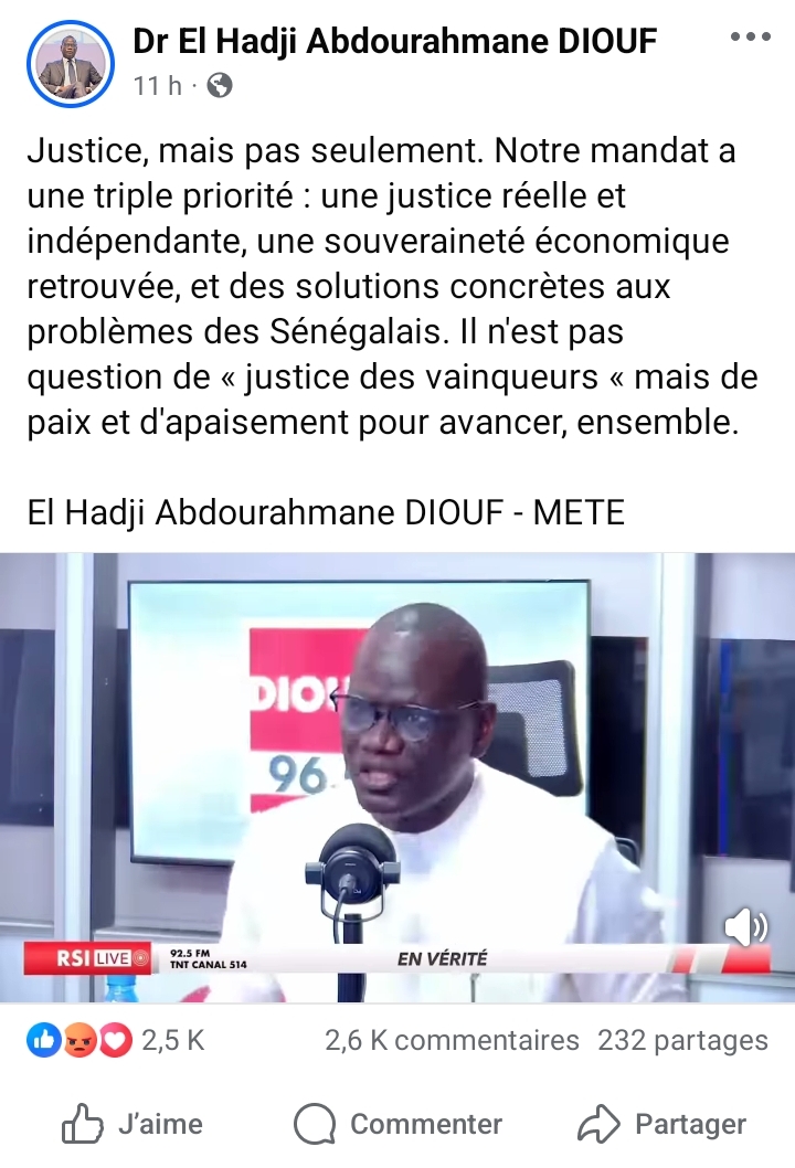 A. Diouf persiste et signe : "Il n'est pas question de « justice des vainqueurs..."