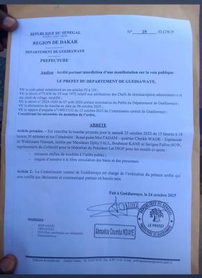 Libération de Lat Diop : Le Préfet de Guédiawaye interdit la marche du mouvement "Rappel à l’ordre"