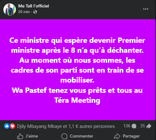 Me Tall cogne Abdourahmane Diouf : "Ce ministre qui espère devenir Premier ministre après le 8 n’a qu’à déchanter"