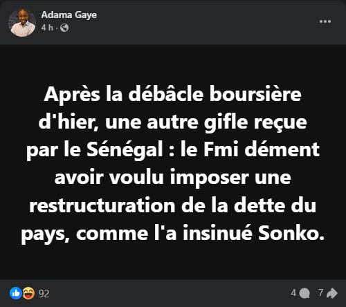 Mise au point du FMI sur la restructuration de la dette : "une autre gifle reçue par le Sénégal", selon Adama Gaye