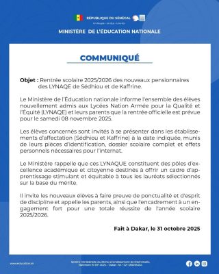 LYNAQE de Sédhiou et Kaffrine : La rentrée scolaire 2025-2026 fixée au 08 novembre