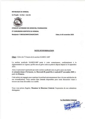 Santé : La section SAMES/ARP décrète un mot d’ordre de grève de 72 heures à partir du mercredi