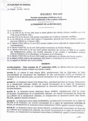 Gendarmerie : Le Chef de l’Etat nomme des officiers à des emplois militaires