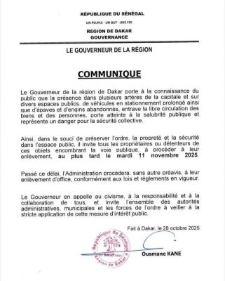 Dakar : Le Gouverneur ordonne l’enlèvement des véhicules et épaves avant le 11 novembre