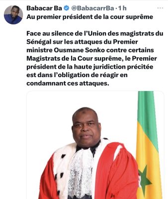 Propos de Sonko contre certains magistrats : L’invite de Babacar Ba au premier président de la Cour Suprême