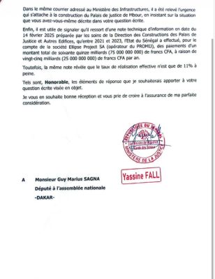 Palais de Justice de Mbour : "75 Milliards décaissés pour 11% de Travaux, révèle Yassine Fall