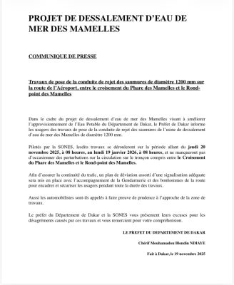 Dessalement d'eau de mer des Mamelles : Le Préfet de Dakar annonce des perturbations sur la circulation…