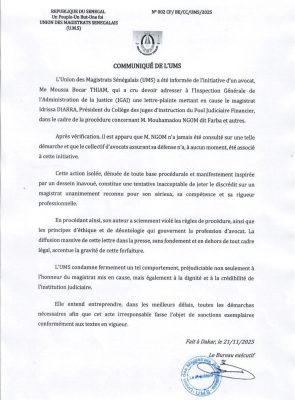 Affaire Farba Ngom : L'UMS s’indigne de la plainte de Me Bocar Thiam contre le juge d'instruction Idrissa Diarra