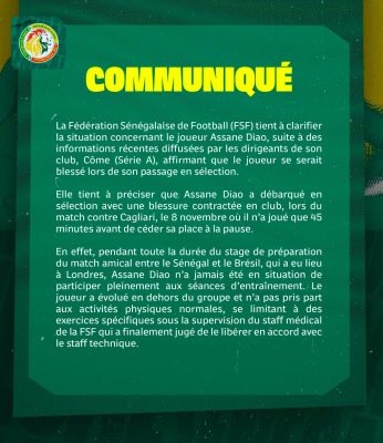 Assane Diao blessé lors de son passage en sélection : La FSF apporte des précisions importantes