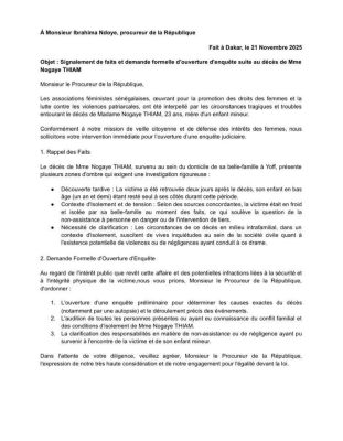 Décès de Nogaye Thiam : Des associations féministes saisissent le Procureur