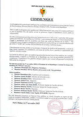 URGENT : Le Président Bassirou Diomaye Faye nomme les douze (12) membres de l'OFNAC