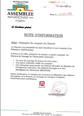 Passeport diplomatique du conjoint du député : L’Assemblée clarifie la procédure officielle