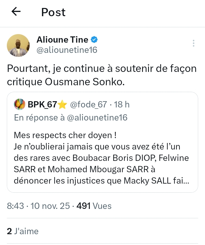 Alioune Tine : "Pourtant, je continue à soutenir de façon critique Ousmane Sonko"