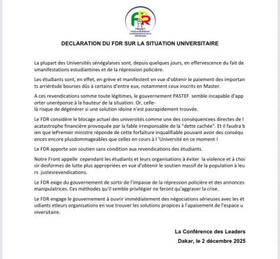 Grève des étudiants : Le FDR charge le "gouvernement PASTEF" et appelle au dialogue