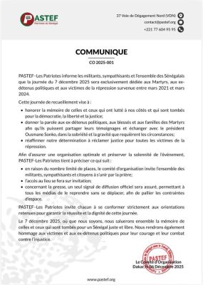 "La journée du 7 décembre 2025 est dédiée aux Martyrs et ex-détenus politiques", (PASTEF)