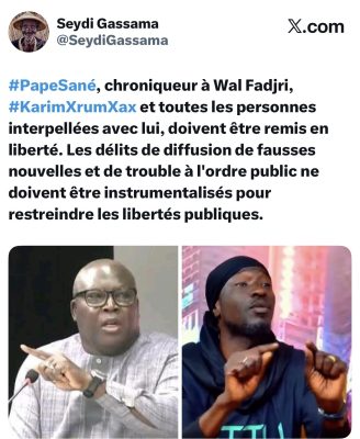 Justice : Seydi Gassama appelle à la libération de Pape Sané et de Karim Xrum Xax