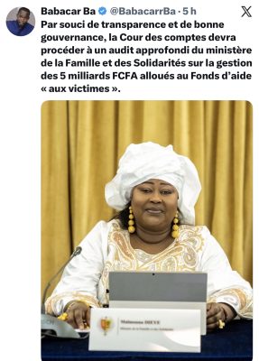 05 milliards FCFA destinés aux victimes : Babacar Ba demande à la CC d’auditer le Ministère de la Famille