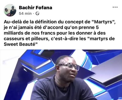 B Fofana : "Je n'ai jamais été d'accord qu'on prenne 5 milliards de nos francs pour les donner à des casseurs et pilleurs"