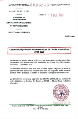 Bourses d’étudiants : Le paiement des réclamations de novembre 2024 à septembre 2025 démarre, ce vendredi