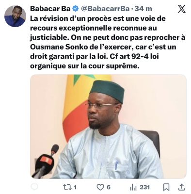 Révision du procès de Sonko : Babacar Ba évoque les droits de l’actuel Premier ministre