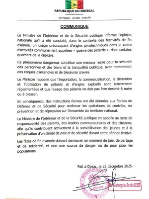 Fêtes de fin d’années : Le Ministre de l’Intérieur met en garde contre la « guerre des pétards »